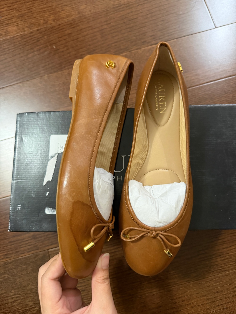 Ralph Lauren Cognac Leather Ballet Flat with Bow - Picture 8 of 12
